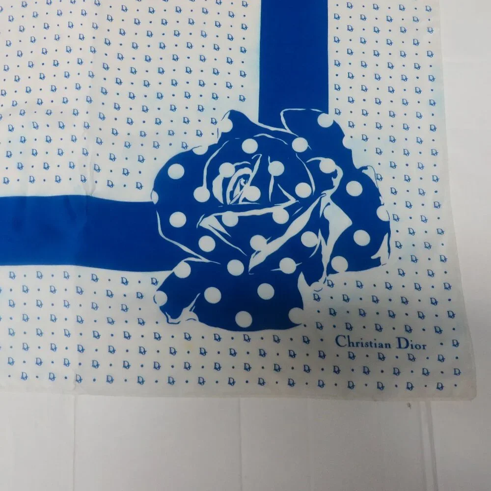 ❤️CHRISTIAN DIOR Blue White Polka Dot Logo Silk Scarf Shawl Wrap Plump Hem